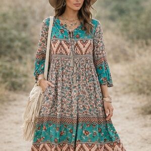 Bohemian Long Sleeve Dress in Teal and Brown